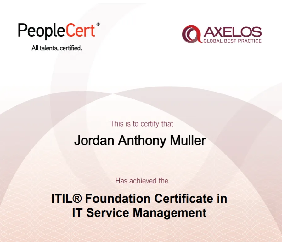 Jordan Muller's ITIL 4 Foundation in IT Service Management Certificate