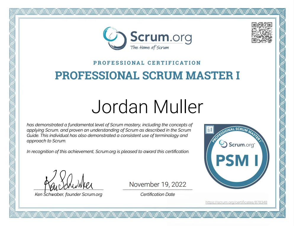 Jordan Muller's Professional Scrum Master I Certification
